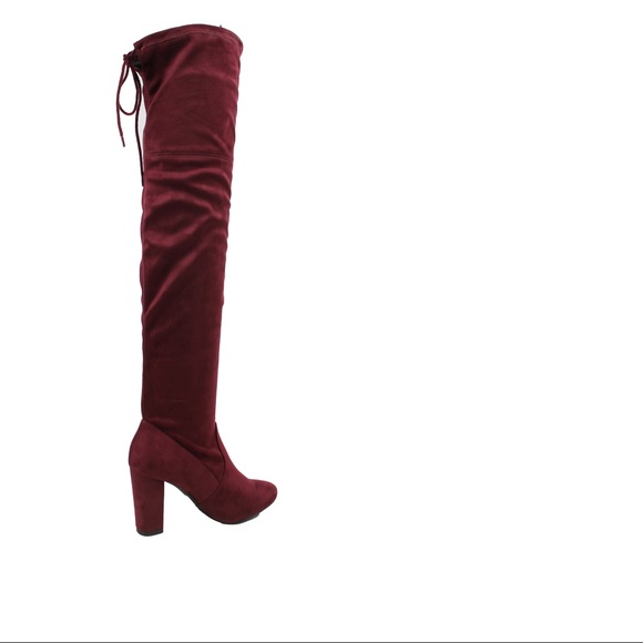 Vino Red over the knee block heel back tie boot - Picture 3 of 7